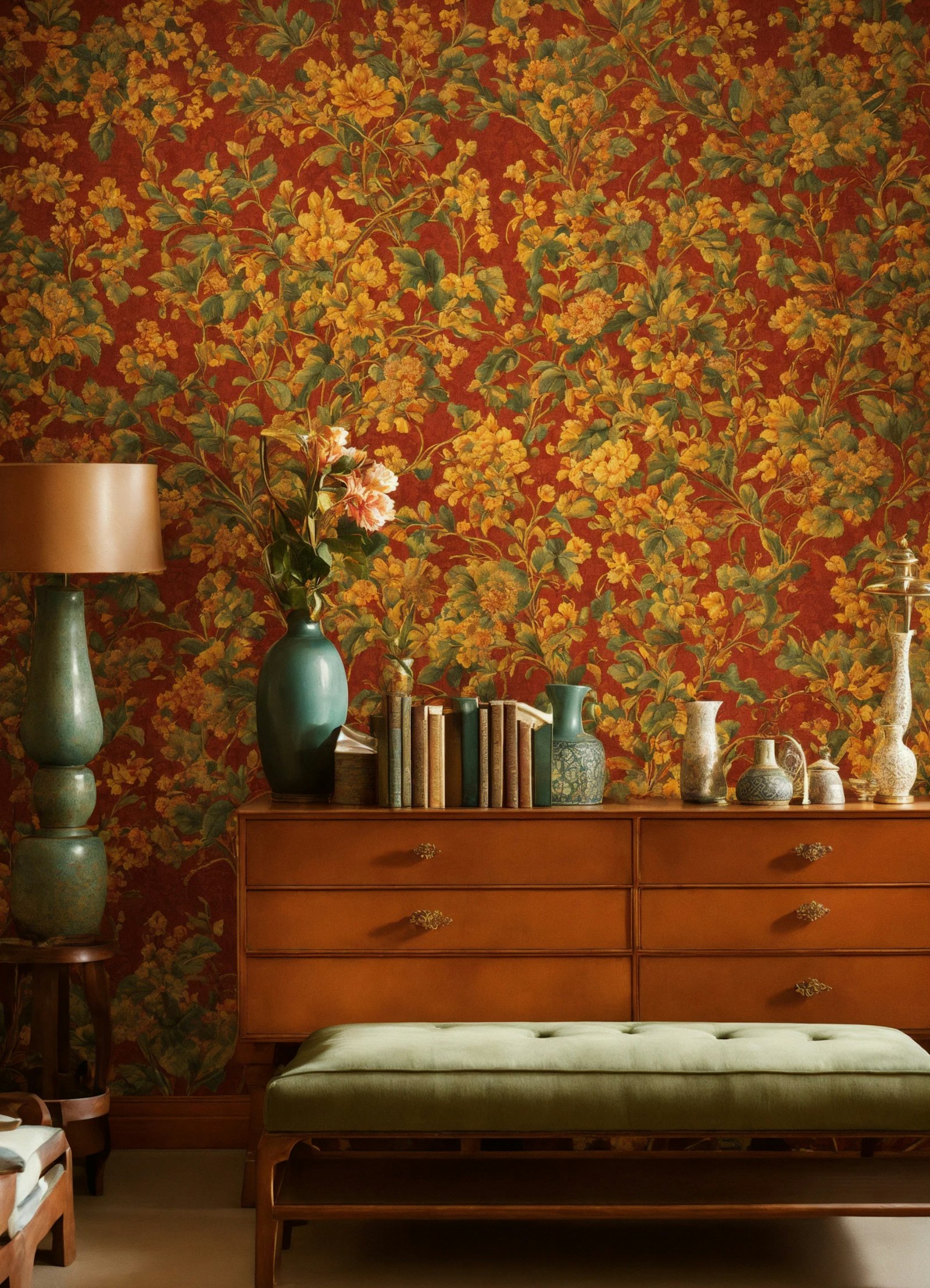 Terracotta and mustard floral wallpaper behind a warm-wood sideboard, teal lamp and green velvet bench